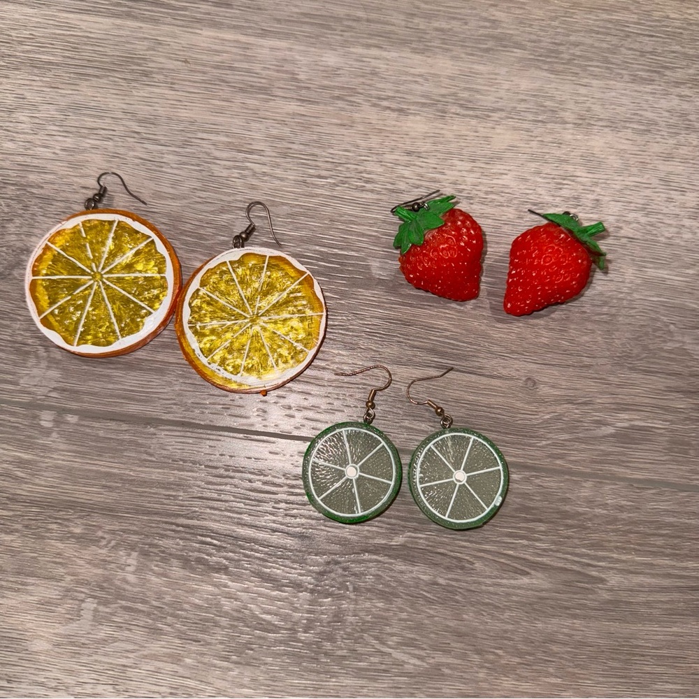 Fruit-Themed Handmade Earrings Set - Orange, Green, Red